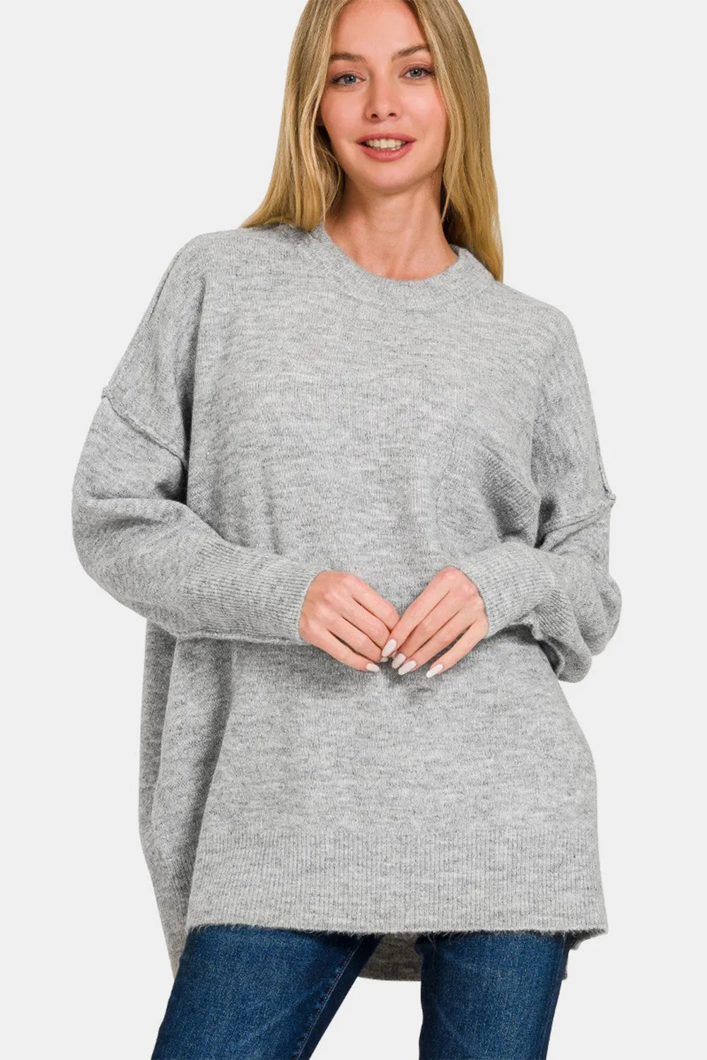 Grey high-low hem drop-shoulder sweater with long sleeves