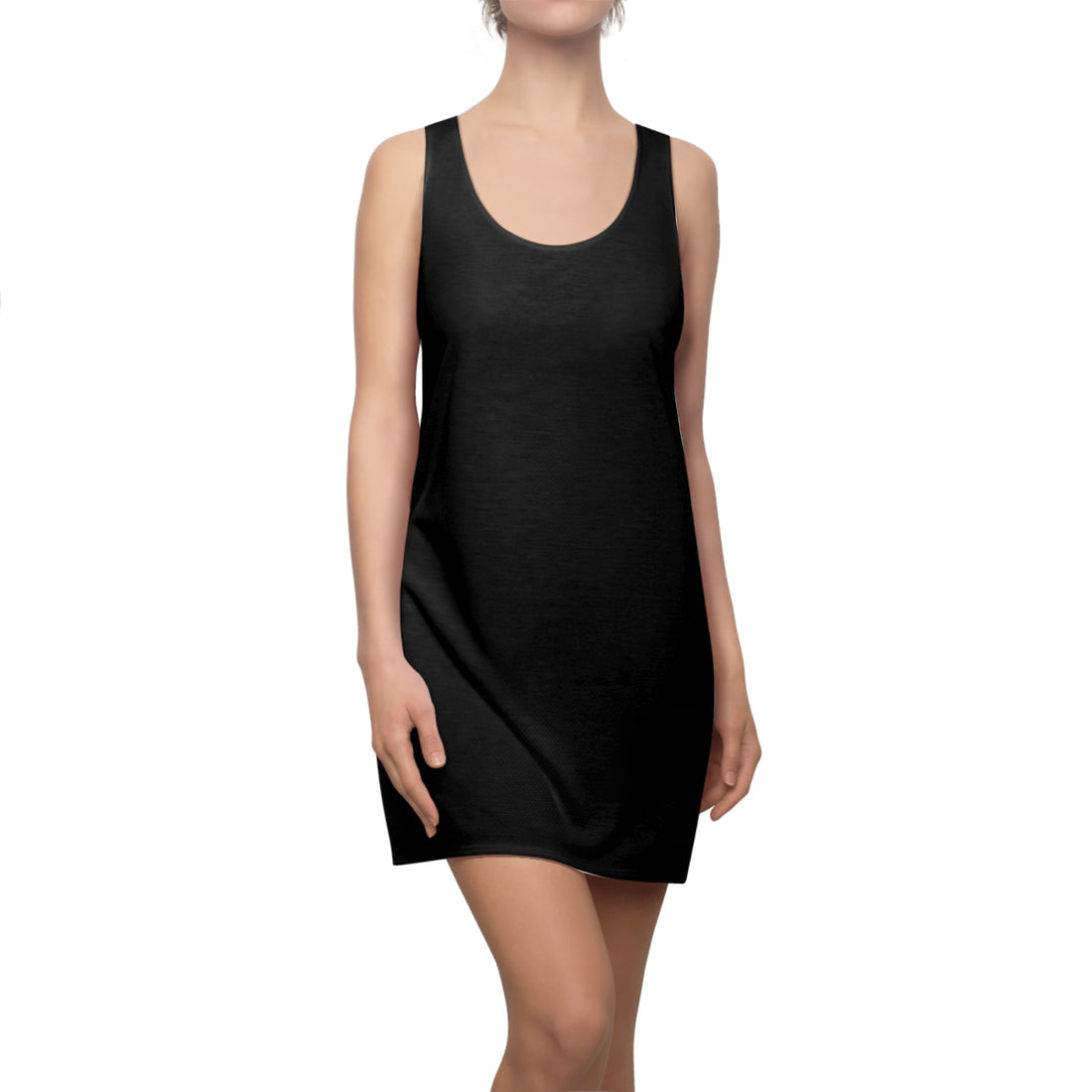 Black racerback sleeveless mini dress on model, scoop neckline and straight hem