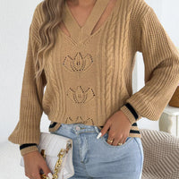 Camel V-neck cutout cable knit sweater with knit floral motifs and ribbed hem