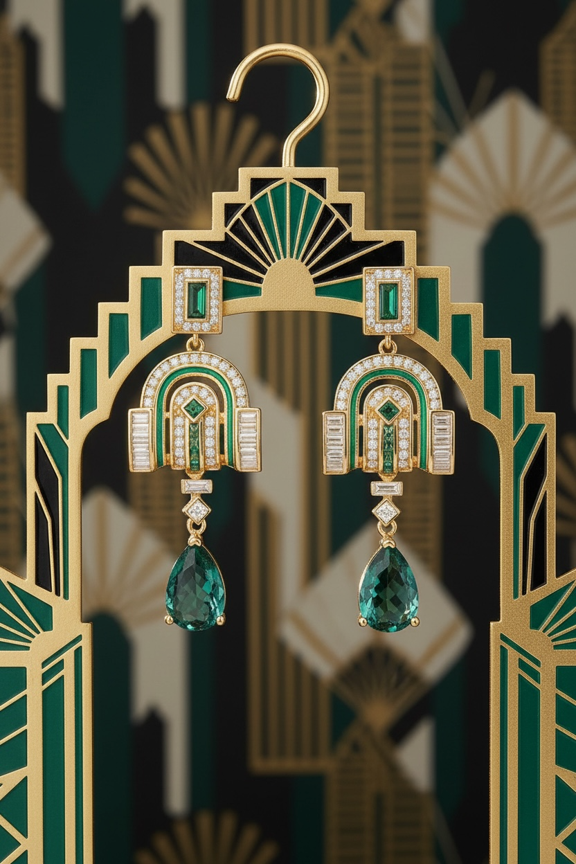 Art Deco chandelier earrings with emerald-green teardrop drops and gold geometric frames
