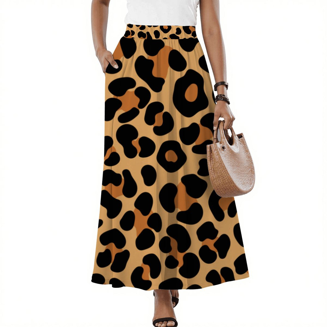 Leopard Print Skirt Midi Length Brown Classic Print with Pockets