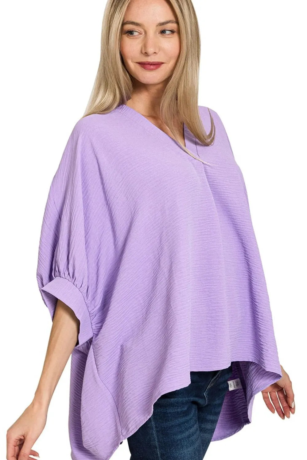 Lavender V-neck puff half-sleeve woven top with loose airflow fit