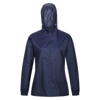 Women's navy waterproof jacket with an attached hood and front zipper