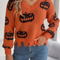 Orange pumpkin print distressed hem V-neck sweater with long sleeves