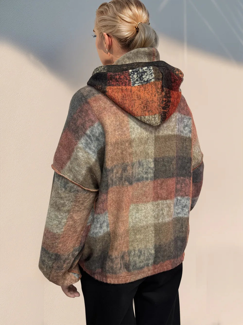 Plaid fleece half-zip hoodie with hood, back view, long sleeves