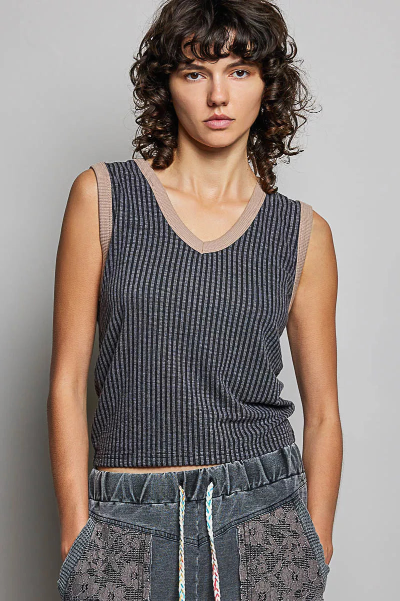 Ribbed V-neck sleeveless tank in dark charcoal with contrast collar trim