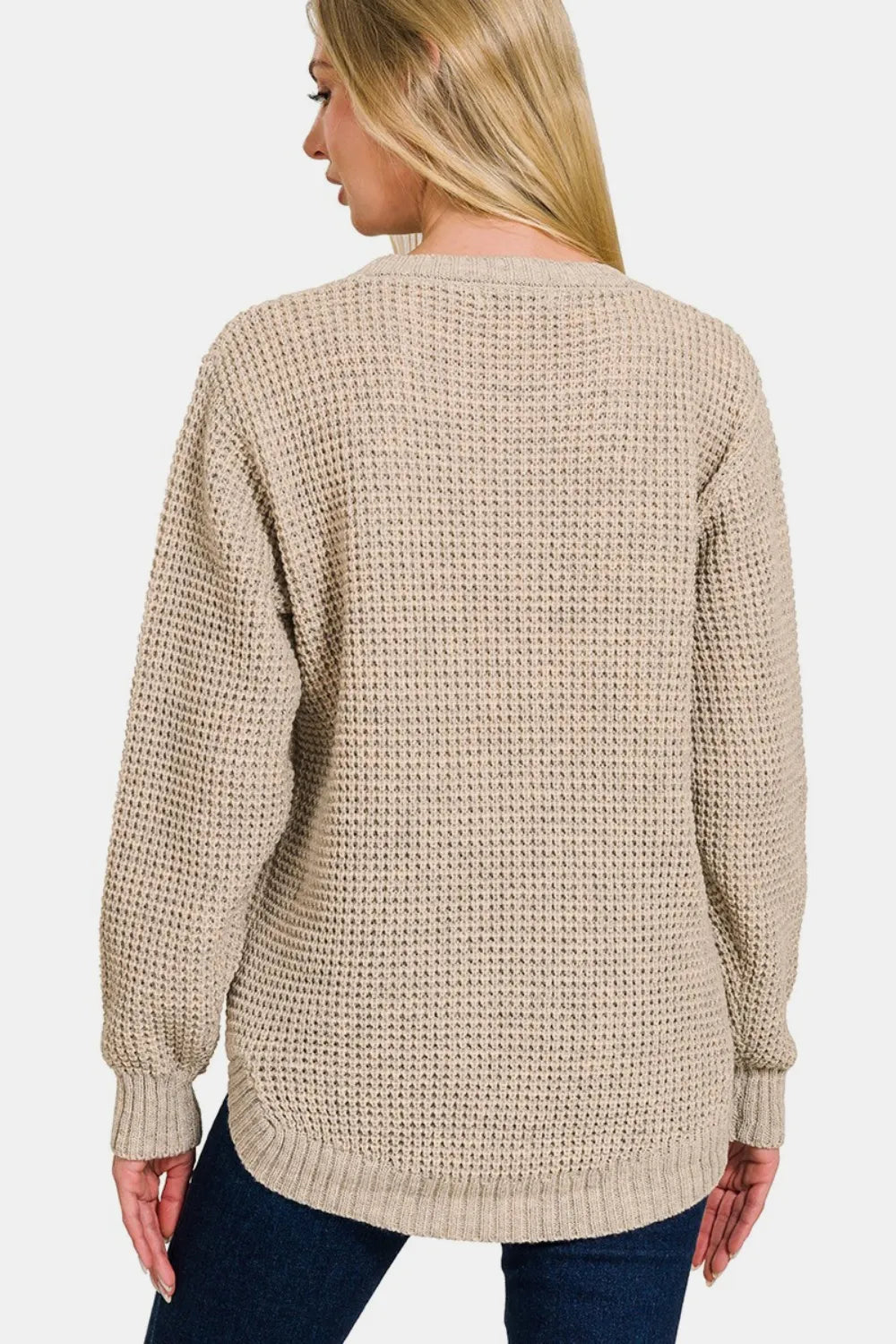 Beige waffle knit long-sleeve sweater with crew neck, ribbed cuffs and hem