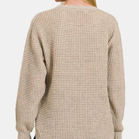 Beige waffle knit long-sleeve sweater with crew neck, ribbed cuffs and hem