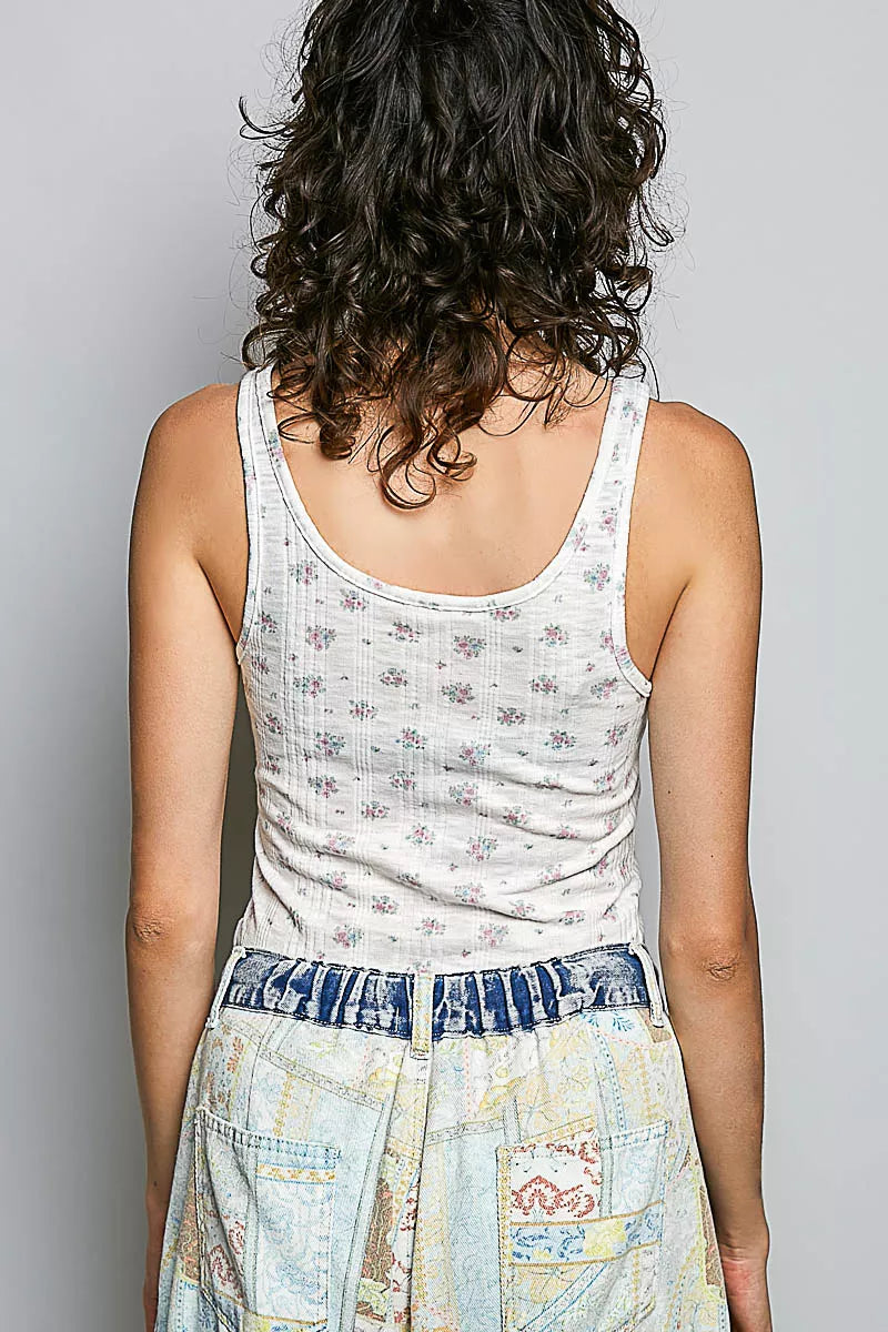 Ivory floral ribbed tank top, back view, scoop neck and all-over print