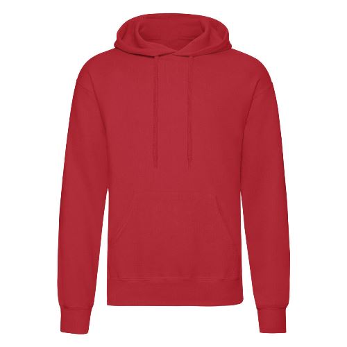 Red pullover hoodie with hood and drawstring, front pouch pocket