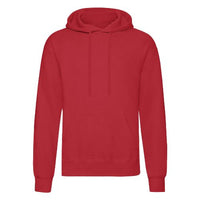 Red pullover hoodie with hood and drawstring, front pouch pocket