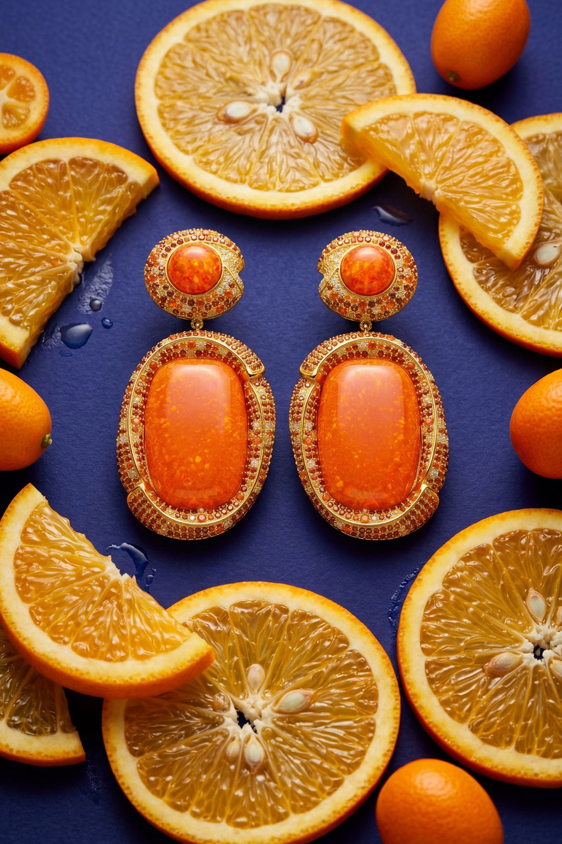 Gold fire opal drop earrings with oval orange cabochons and jeweled halo detailing