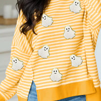 Yellow and white striped long-sleeve top with ghost patches, round neck