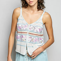 Cream and blue printed button-front cami with tie tassels and blanket-stitch trim