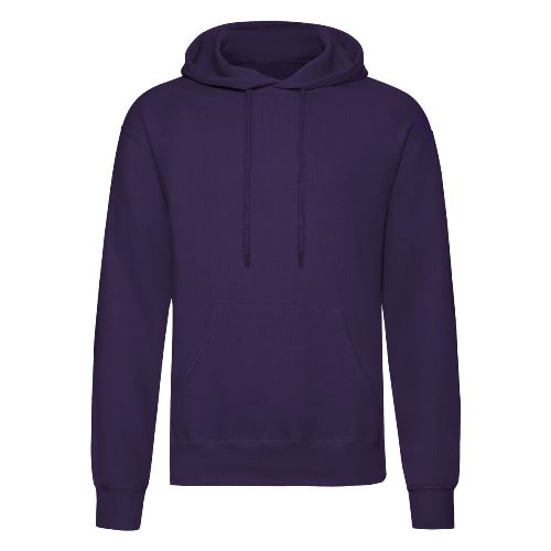 Purple pullover hoodie with hood and drawstring, front pouch pocket