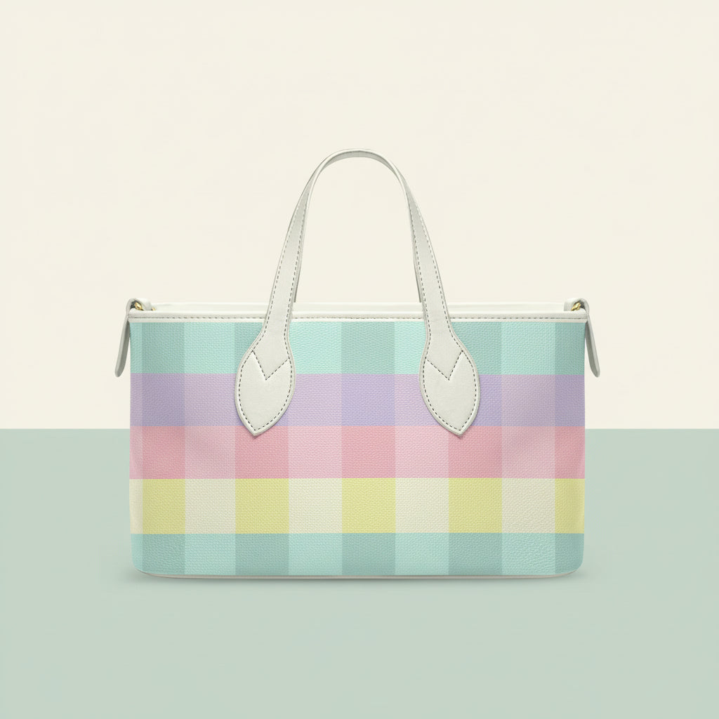 Checkered Tote Bag | Small Pastel Rainbow Gingham Leather Handheld Bag