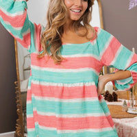 Women’s coral and teal striped balloon-sleeve woven top with wide neckline