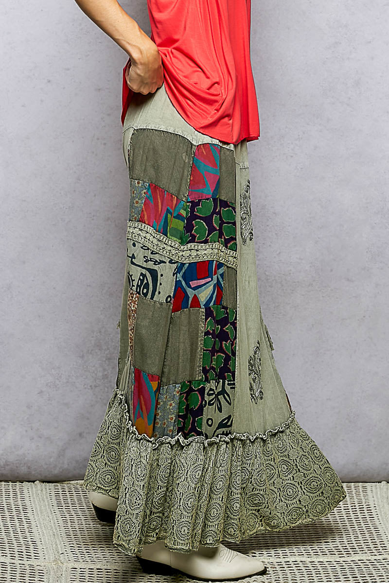 Patchwork ruffled skirt in sage with multicolor print panels