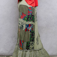 Patchwork ruffled skirt in sage with multicolor print panels