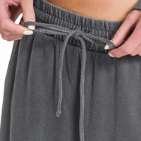 Dark gray pants waistband with drawstring and elastic back