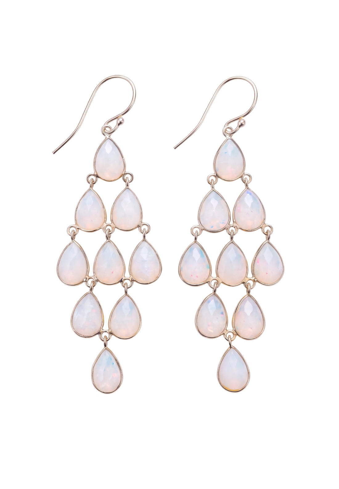 Silver opal teardrop chandelier earrings with dangling gemstone drops and fishhook backs.