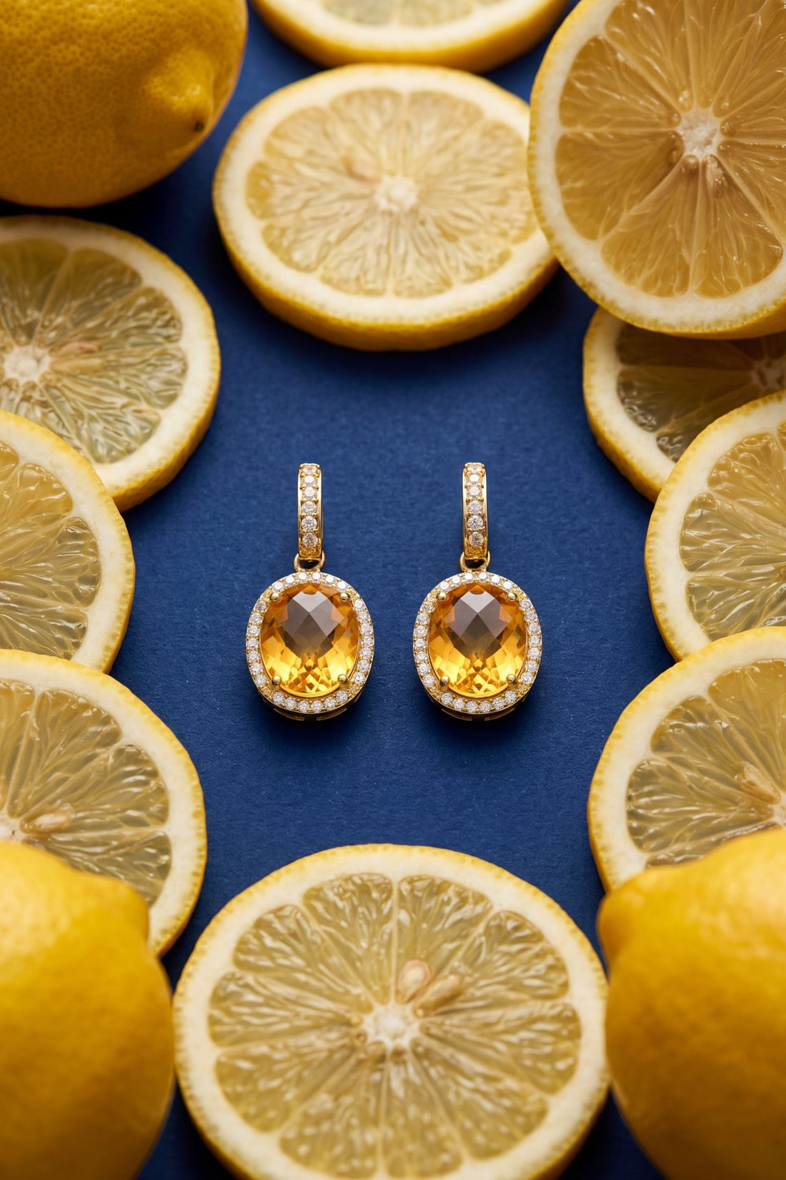 Pair of gold citrine oval drop earrings with crystal halo