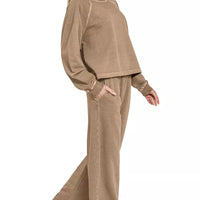 Mocha two-piece lounge set with long-sleeve pullover and flared wide-leg pants