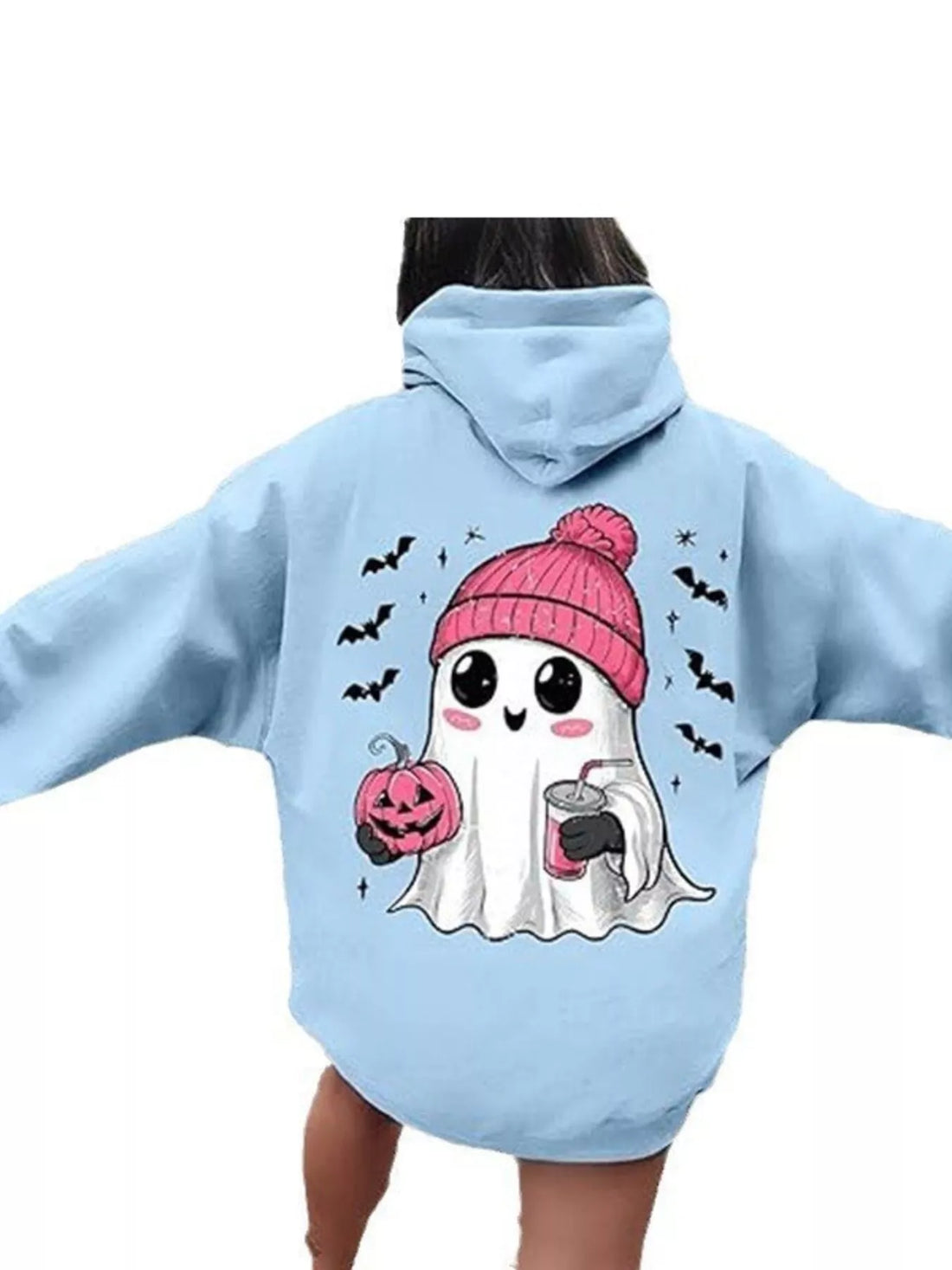 Plus-size Halloween graphic hoodie in light blue with Spooky Baby back print and hood