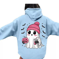 Plus-size Halloween graphic hoodie in light blue with Spooky Baby back print and hood