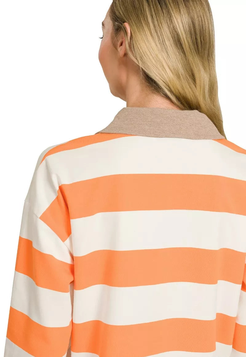 Orange and white striped polo top back view with taupe contrast collar