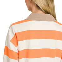 Orange and white striped polo top back view with taupe contrast collar