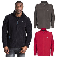 Men's full-zip fleece jacket shown in black, dark gray and red, with a stand collar and zip pockets