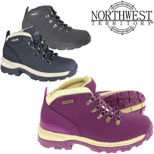 Waterproof walking boots in gray, navy, and purple with contrast midsoles