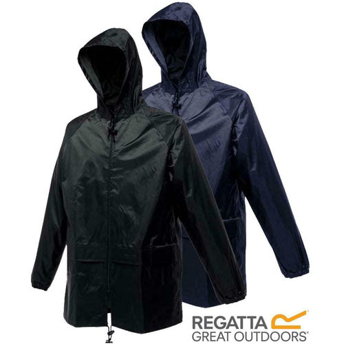 Regatta waterproof jacket with hood, shown in black and navy with front zips and adjustable hems