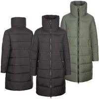 Women's puffer coat, high stand collar, dark charcoal color, full front zipper.
