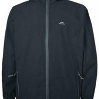 Men's dark waterproof packaway jacket with hood and zippered pockets
