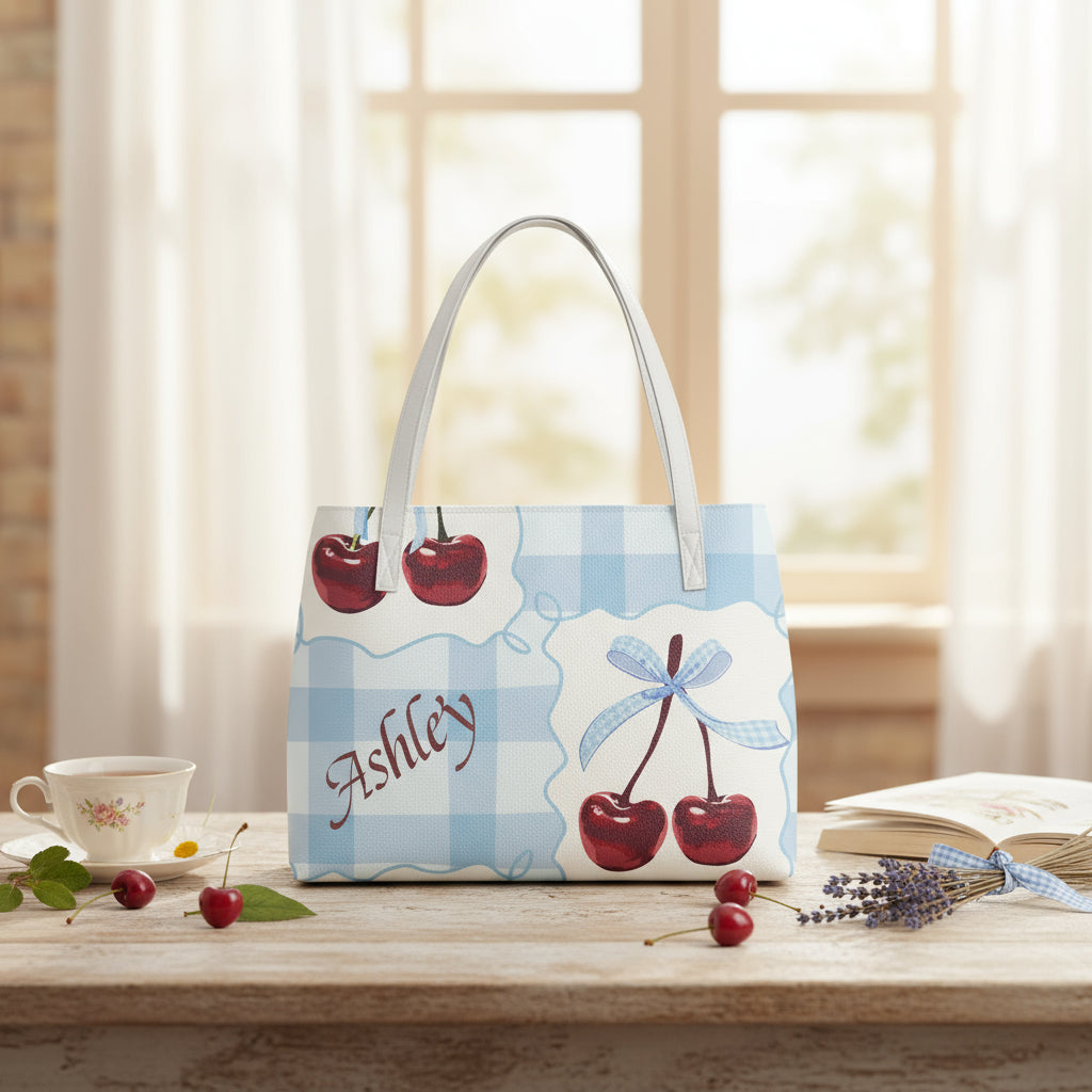 Gingham Tote Bag | Personalized Blue & Cherry PU Leather Shoulder Purse