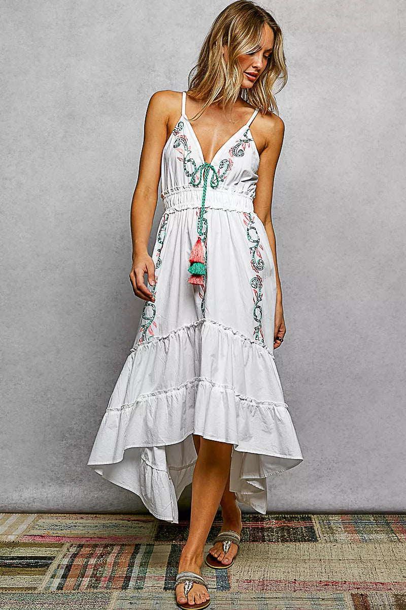 Ivory cami midi dress with V-neck, embroidered trim, smocked waist, tiered skirt
