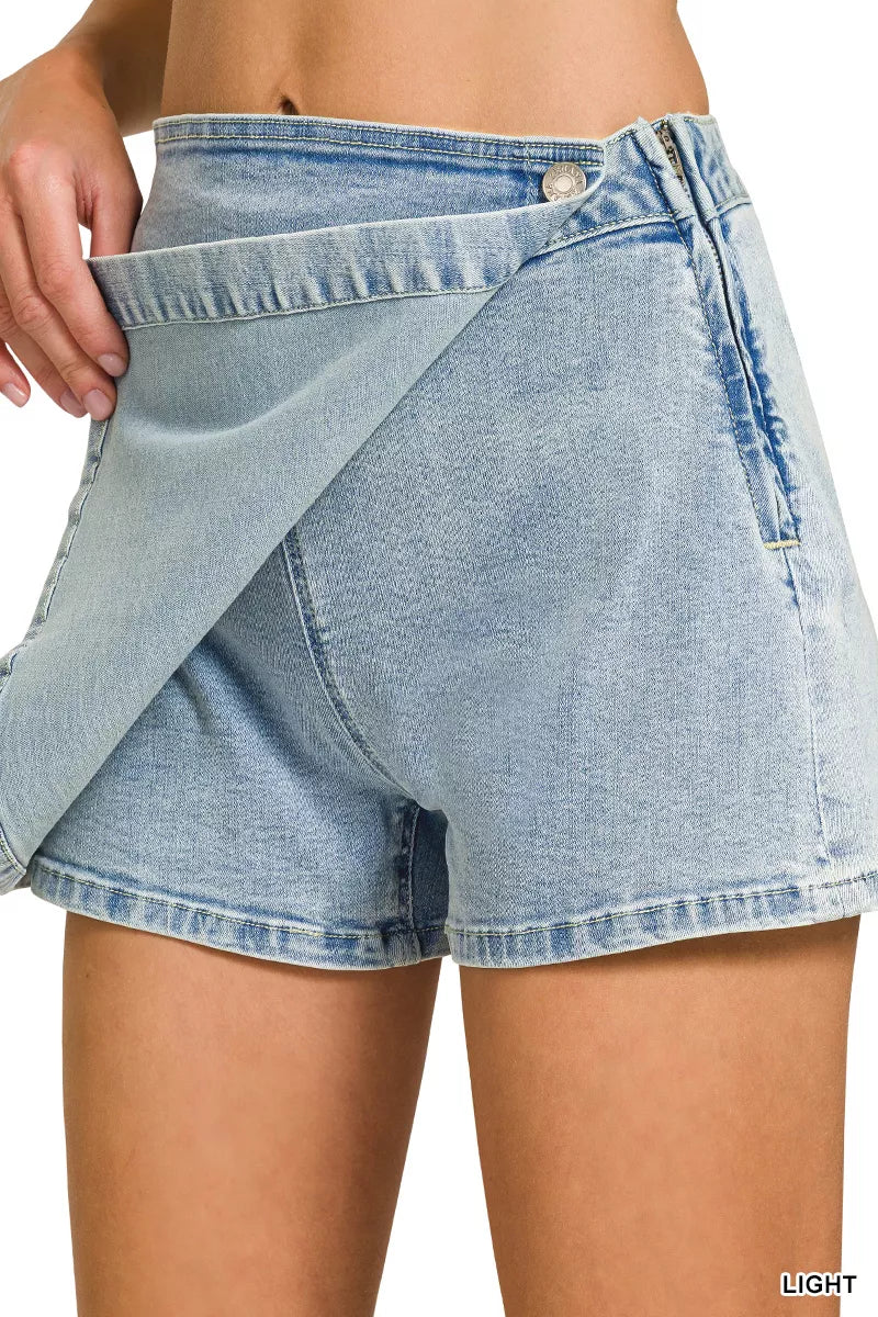 Light wash denim skort with wrap panel front and visible side tie strings