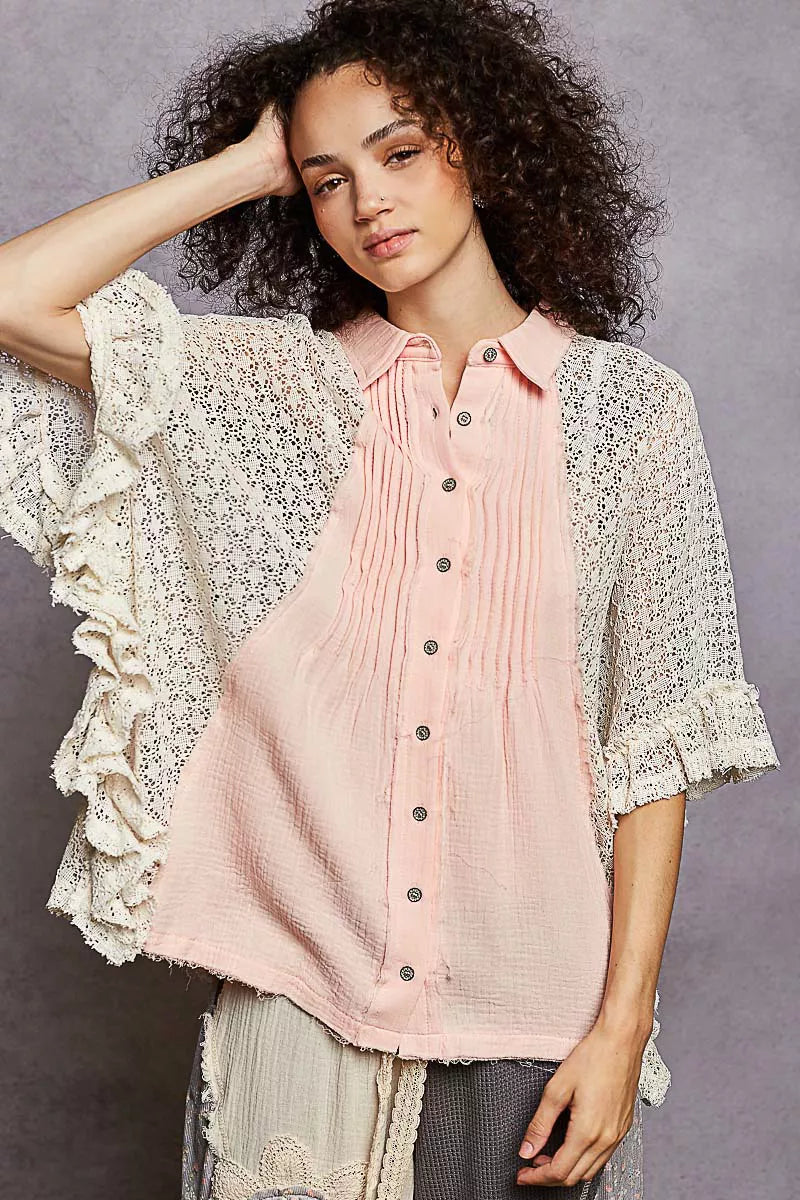 Women’s baby pink button-front pleated shirt with lace crochet patch kimono sleeves