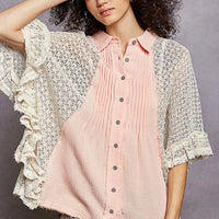 Women’s baby pink button-front pleated shirt with lace crochet patch kimono sleeves