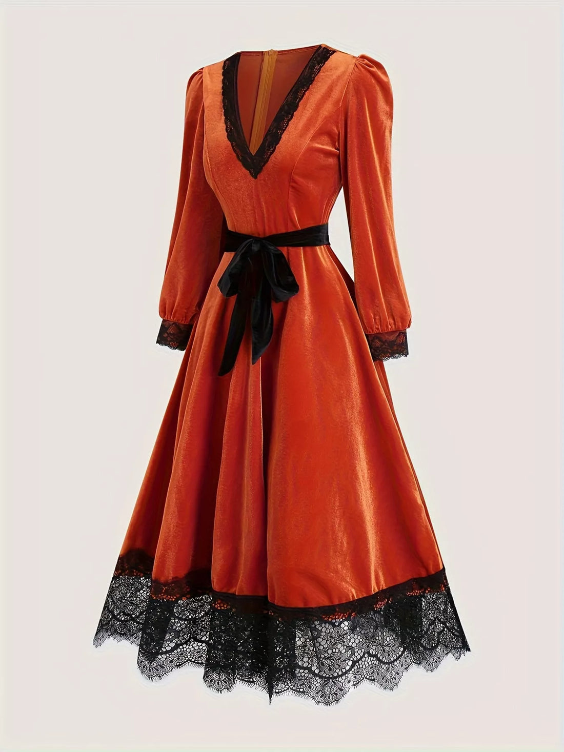 Orange-red velvet V-neck midi dress, black lace cuffs and hem, waist tie bow, back view