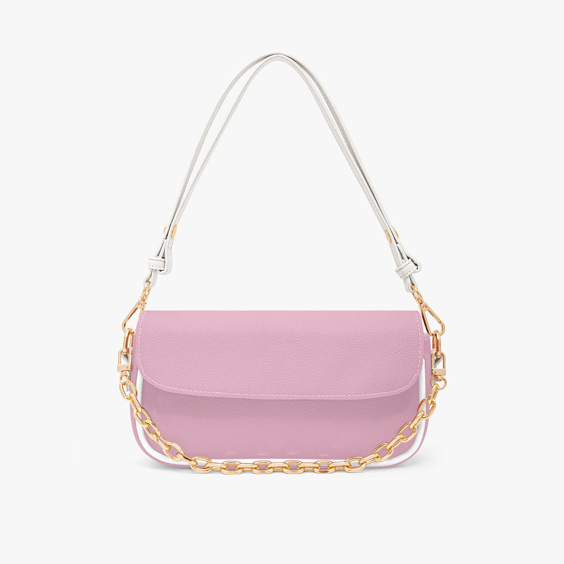 Pastel pink shoulder bag with front flap, gold chain detail, and white top straps