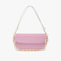 Pastel pink shoulder bag with front flap, gold chain detail, and white top straps