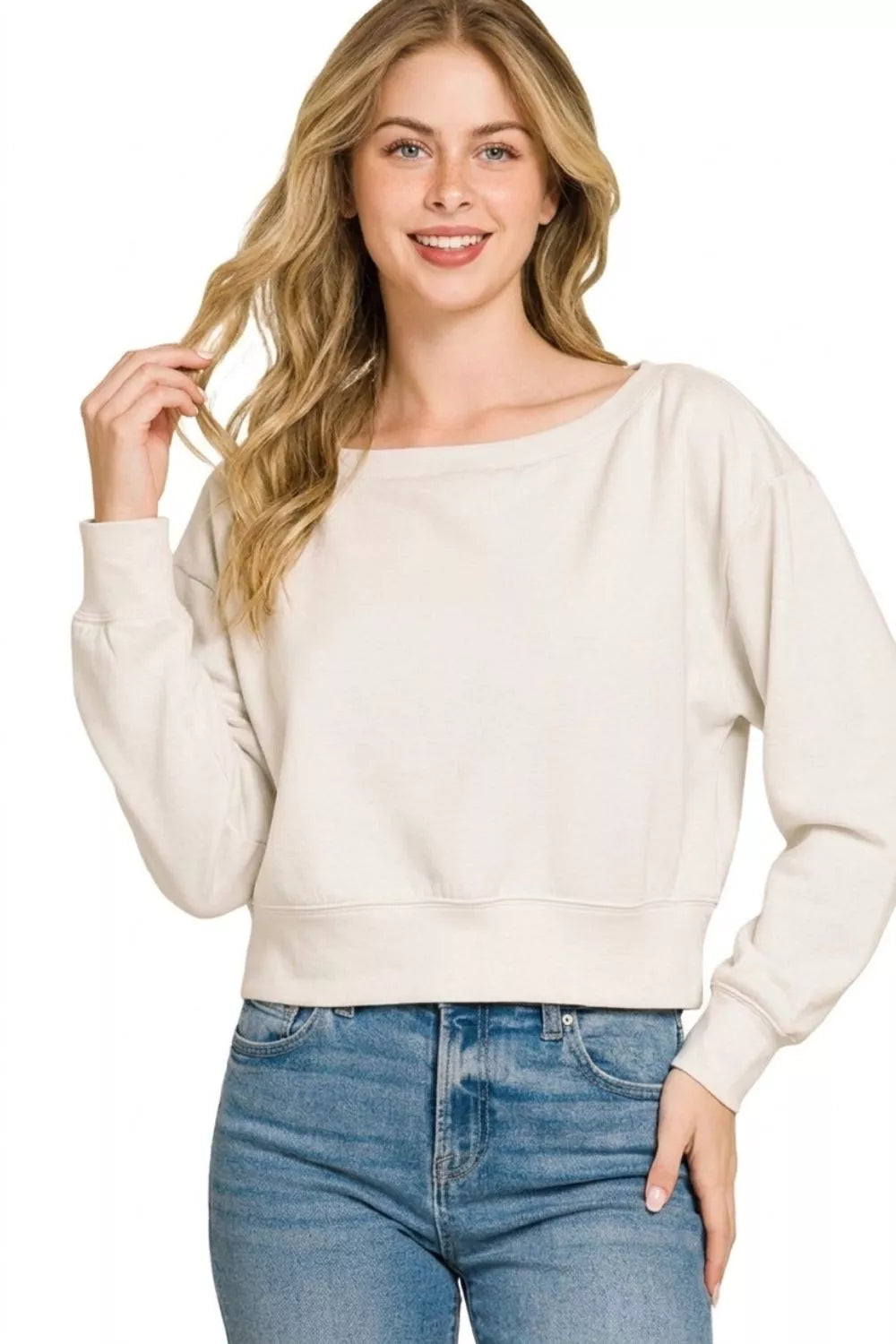 Bone cropped boat-neck pullover sweatshirt with long sleeves and relaxed fit