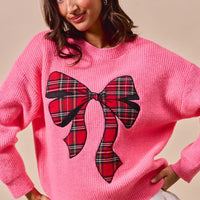 SO ME pink plaid ribbon Christmas sweater