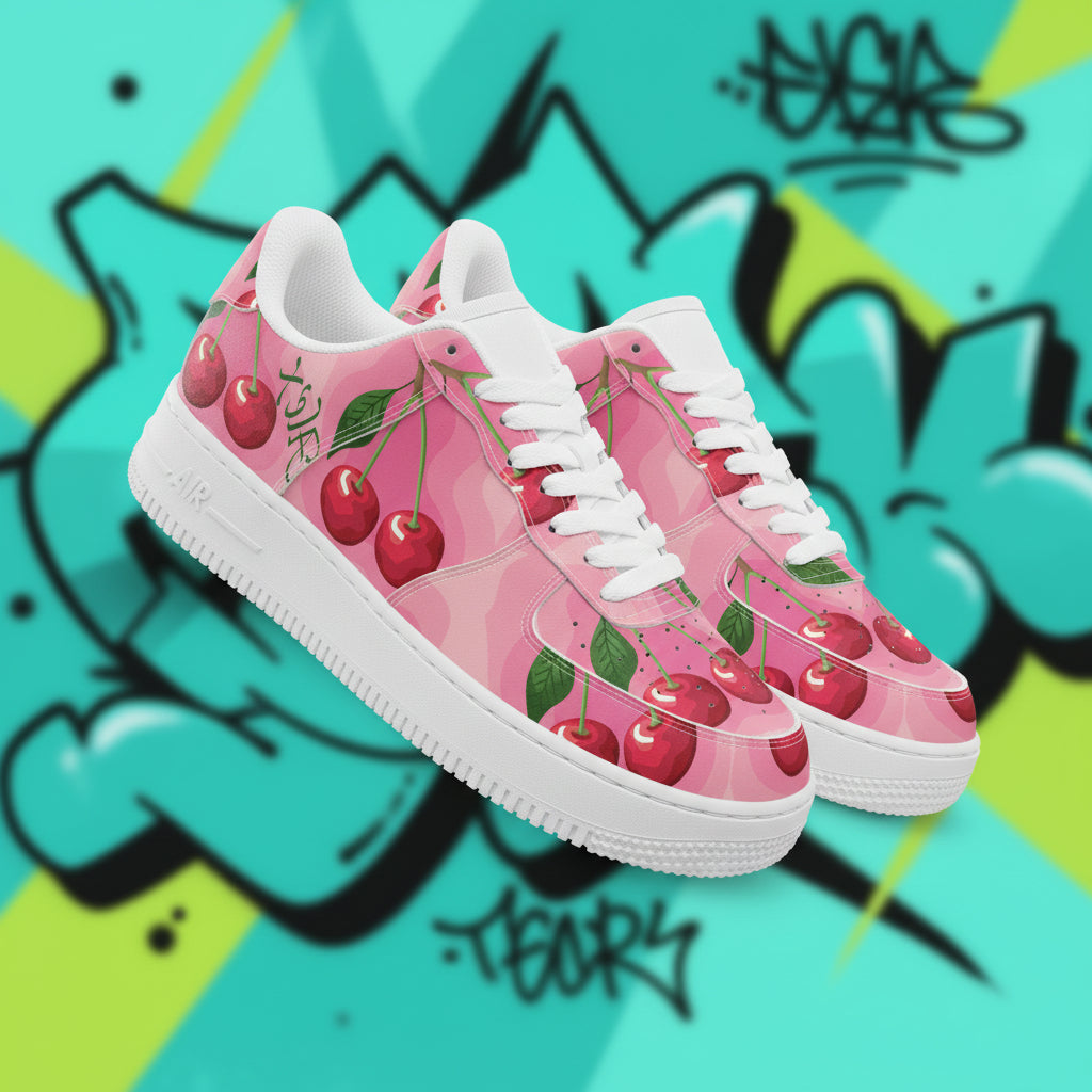 Pink sneakers with cherry design on a colorful graffiti background