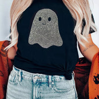 Black plus-size rhinestone ghost graphic T-shirt, round neck and short sleeves