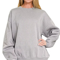 Women's gray crewneck fleece sweatshirt, long sleeves, ribbed cuffs and hem