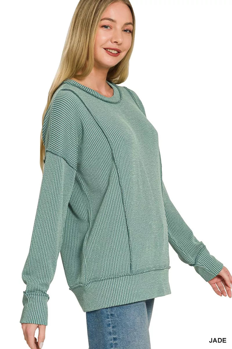 Jade corded rib long-sleeve top with crew round neck, relaxed fit, ribbed cuffs